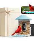 Smart Bird Feeder With 2K AI Camera And Solar Power, Auto Record Videos, showing a cardinal at the feeder, gift box beside.