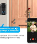 Smart Video Doorbell Camera HD 2.4GHz WiFi with phone displaying live feed and prerecorded voice message feature.