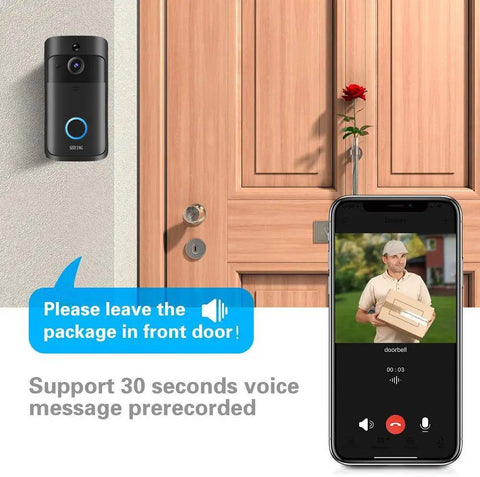 Smart Video Doorbell Camera HD 2.4GHz WiFi with phone displaying live feed and prerecorded voice message feature.