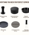 Straight Up Pro 54mm Espresso Accessories Kit with 30lb tamper, gravity distributor, dosing funnel, silicone pads, puck screen, and WDT tool.