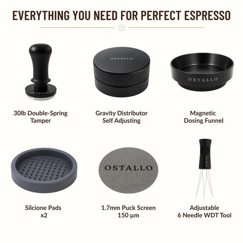 Straight Up Pro 54mm Espresso Accessories Kit with 30lb tamper, gravity distributor, dosing funnel, silicone pads, puck screen, and WDT tool.