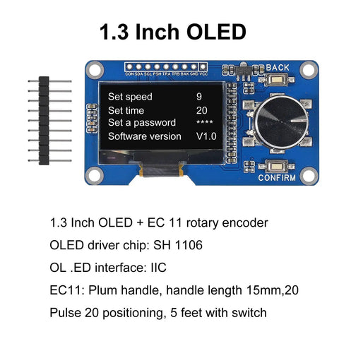 Two Pack 1.3 Inch OLED Display Module With EC11 Rotary Encoder Button I2C Interface LCD Screen For Arduino White Case SH1106 Driver Compatible Great For DIY Projects, Educational Prototyping, And Arduino Enthusiasts front view