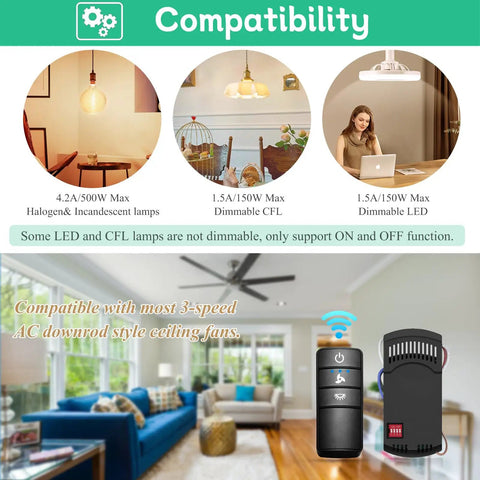 Universal Ceiling Fan Remote Control Kit with Three Speed Settings Light Dimmer and Time Delay Replacement for various brands