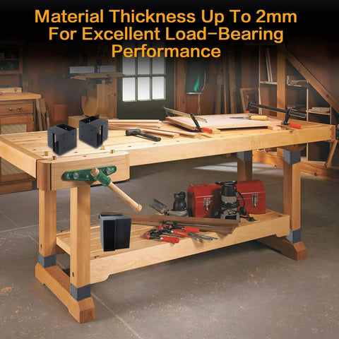 Rock Solid 8 Piece Workbench Bracket Kit For 2X4 Lumber Three Way Right Angle Corner Connectors Heavy Duty Carbon Steel installed on a workbench.