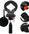 Right Angle Woodworking Clamp With Strong Clamping Power Precise Positioning Frame Holder shown with strap and corner close-ups