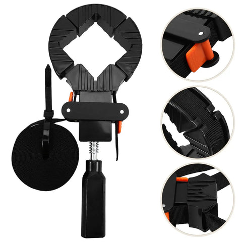 Right Angle Woodworking Clamp With Strong Clamping Power Precise Positioning Frame Holder shown with strap and corner close-ups