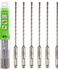 Front view of HLOFIZI SDS-Plus hammer drill bits, 5/32 in x 6 in, carbide tipped, six-pack with green case.