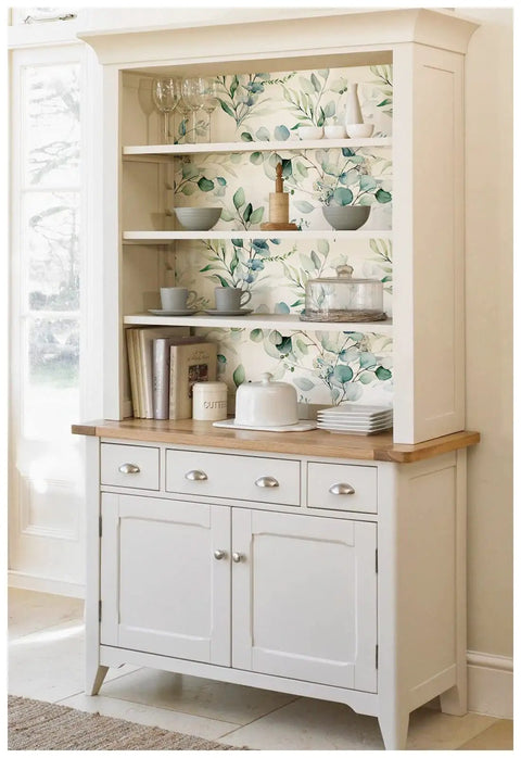 Peel And Stick Boho Green And White Eucalyptus Leaf Wallpaper For Walls Easy Install No Mess Removable And Repositionable Renter Friendly Durable Matte Finish Perfect For Nursery And Home Decor Seventeen Point Three Inches By Seventy Eight Point Seven in a white kitchen cabinet backdrop