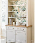Hutch with Easy Peel And Stick Boho Eucalyptus Green And White Floral Wallpaper For Walls, renter friendly and re-positionable.
