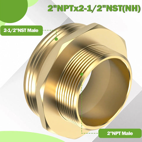 Brass Fire Hydrant Hose Adapter 2-1/2 In NST Male To 2 In NPT Male, Heavy-Duty, Leak-Resistant Octagonal Connector For Hoses, Hydrants, Standpipes And Industrial Water Systems; brass adapter close-up