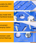 30-in-1 nut & bolt thread gauge, blue aluminum tool with inch and metric markings and wall-mount holes