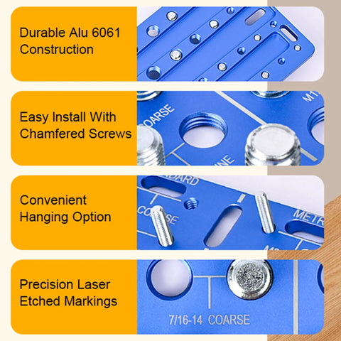 30-in-1 nut & bolt thread gauge, blue aluminum tool with inch and metric markings and wall-mount holes