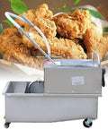 Kickass Commercial Fryer Filter With 550 Watt Pump And 55 Liter Tank Filters Tough Grease Straight Up Heavy Duty cart beside crispy fried chicken.