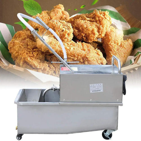 Kickass Commercial Fryer Filter With 550 Watt Pump And 55 Liter Tank Filters Tough Grease Straight Up Heavy Duty cart beside crispy fried chicken.