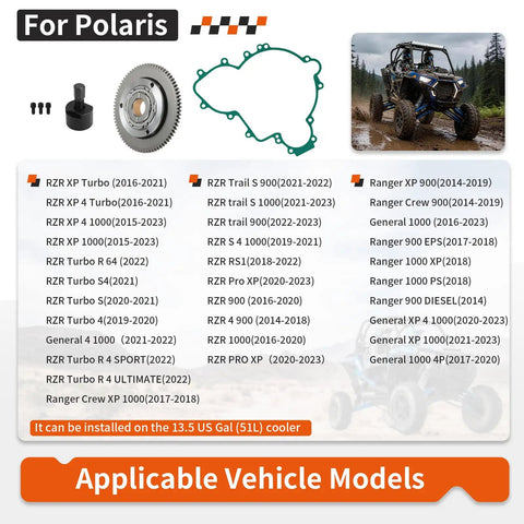 Beefed-Up Flywheel Puller And Starter Clutch Idler Gear One Way Bearing Kit For RZR XP Turbo And 1000 Series UTVs image showing components and applicable vehicle models chart.