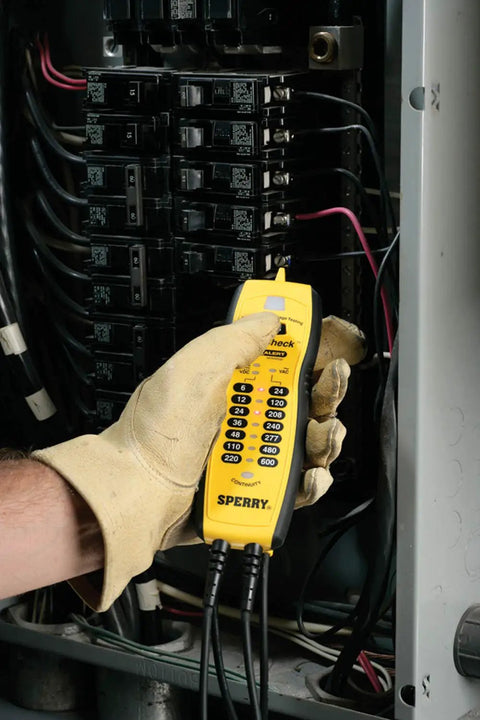 Person using Voltage And Continuity Tester With Non Contact AC Detection 50 600V AC Range DC Polarity Indication Twin Probes