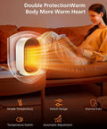 Woman using Portable Mini Space Heater With 1000W Heating, 2 Speed Fan, Indoor Use, Energy Efficient, Purple, on a table