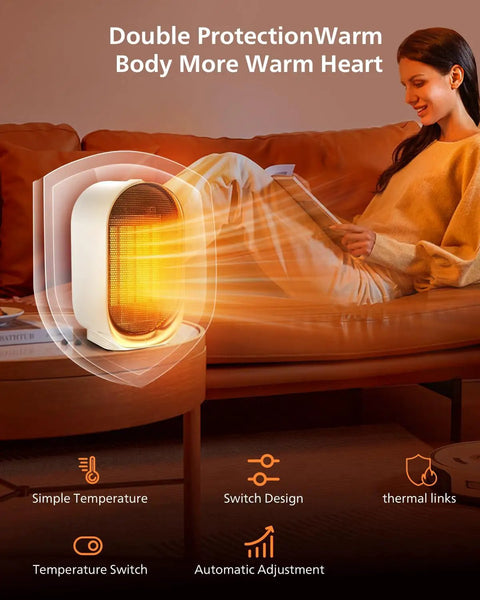 Woman using Portable Mini Space Heater With 1000W Heating, 2 Speed Fan, Indoor Use, Energy Efficient, Purple, on a table