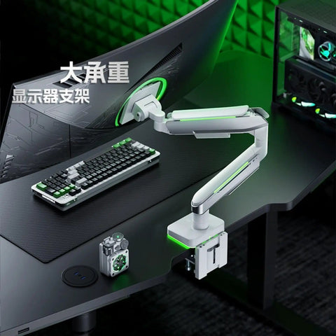 Fresh Desk Upgrade With This Lit T18 Monitor Mount Featuring Smooth Articulating Arm And Vibrant RGB Lighting For Ultimate Gaming Rig Vibe And Effortless Viewing Angles on sleek black desk.