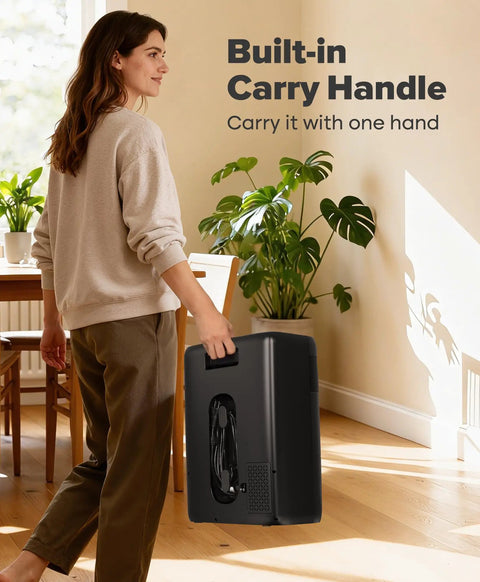 Person holding Touchless Vacuum Automatic Dustpan with 6L capacity, 20Kpa corded canister vacuum, featuring built-in carry handle.