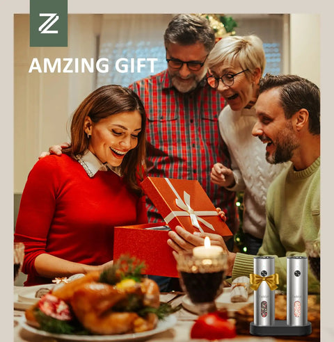 Rechargeable Electric Salt And Pepper Grinder Set With USB C Charging Dock Stainless Steel Auto Grinders Adjustable Coarseness LED Light Huge Capacity Super Handy Kitchen Gift, being opened as a gift at a holiday dinner.