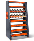 Heavy Duty CNC Tool Holder Rack Storage Organizer With Eight Row Metal Shelf featuring orange slots for tools.