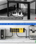 Comparison image illustrating Heavy Duty Power Strip With 20 Amp Surge Protector And 12 Gauge Tough As Nails Wiring Featuring Eight Grounded Outlets Plus 10 Foot Extension Cord For Shop And Garage Builds With No Drama Manual Reset Overload Breaker in use.