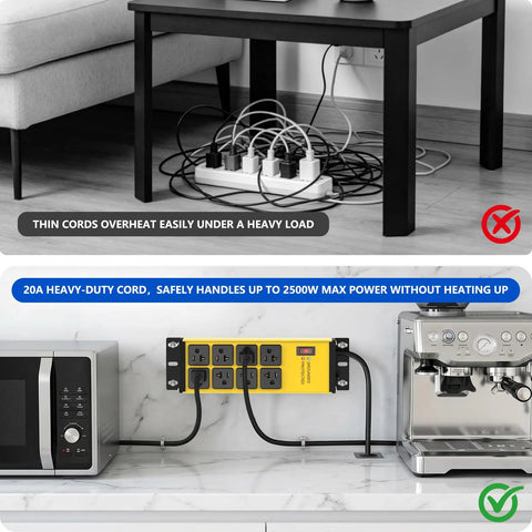 Comparison image illustrating Heavy Duty Power Strip With 20 Amp Surge Protector And 12 Gauge Tough As Nails Wiring Featuring Eight Grounded Outlets Plus 10 Foot Extension Cord For Shop And Garage Builds With No Drama Manual Reset Overload Breaker in use.
