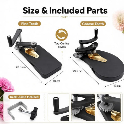 Crepe Paper Curling Tool For Florists And Crafters With Wear Resistant Roller And Dual Gear Crimp Options, size details shown