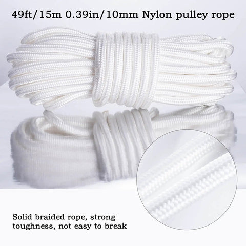 49ft nylon rope for 1 Ton Double Cable Pulley Block Hoist With Hook, strong durable braid, white color, close-up view