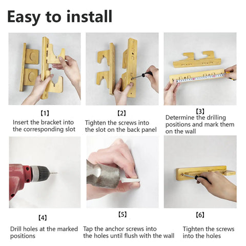 Steps to install Vertical Katana Wall Mount Holder with Adjustable Tilt, featuring bamboo bracket and drilling process.