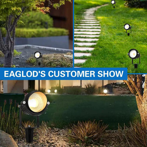 Warm White 5W Low Voltage Landscape Lights illuminating garden paths and trees at night, 12 Pack LED Garden Lighting 500 Lumens Each