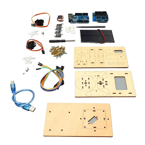 Solar Powered STEM Learning Kit For Kids DIY Wooden Smart Tracker Project For Hands On Programming IDE Compatible Classroom And Home Learning Beginner Friendly, wooden parts and solar panel