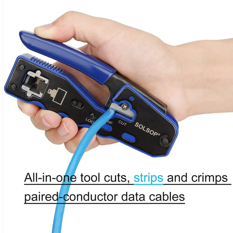 Hand holding RJ45 Crimping Tool Set Pro Grade Pass Through Ethernet Crimp Tool for CAT5e CAT6 CAT6A CAT7 and RJ11 RJ12, blue handle