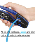 Close-up of RJ45 Crimping Tool Set For Cat5e Cat6 Cat6A Cat7 Ethernet Pass Through Connectors in hand, easy grip, blue cable inserted.