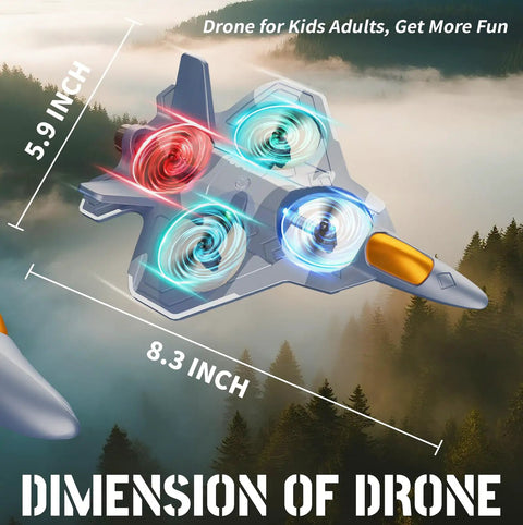 RC Planes For Kids And Adults With LED Lights V50 Foam Remote Control Airplane showing dimensions over forest backdrop