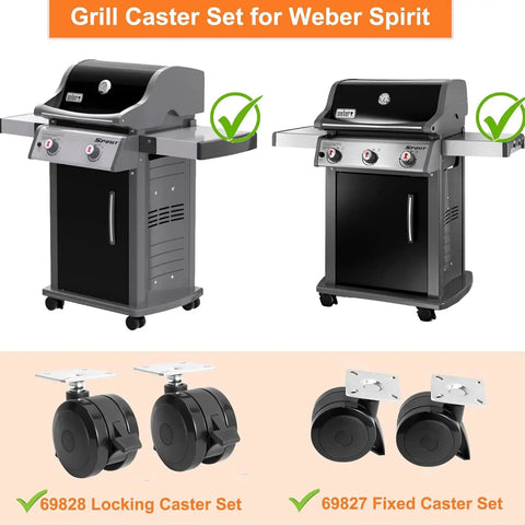 Built Tough Locking Caster Wheels For Weber Spirit 200 And 300 Series Grills showing two models with replacement locking wheels.