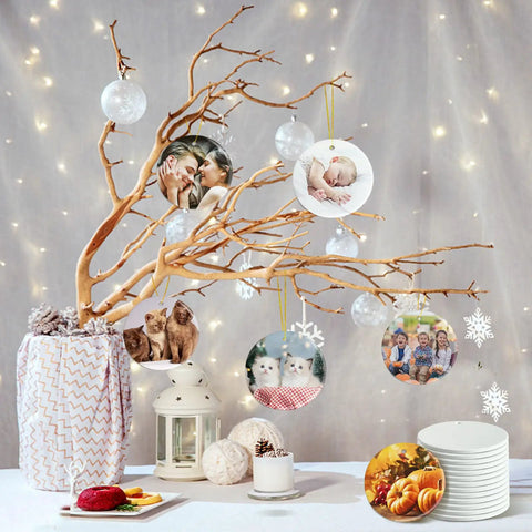 12 Pack Ceramic Ornament Blanks For Sublimation DIY Crafts, Christmas Tree Decor Ready For Personalization, with gold rope