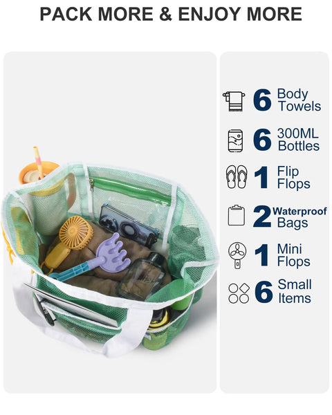 Packed 40L Mesh Beach Tote Bag with Sandproof Quick Dry Mesh and Waterproof Pocket, filled with beach essentials.
