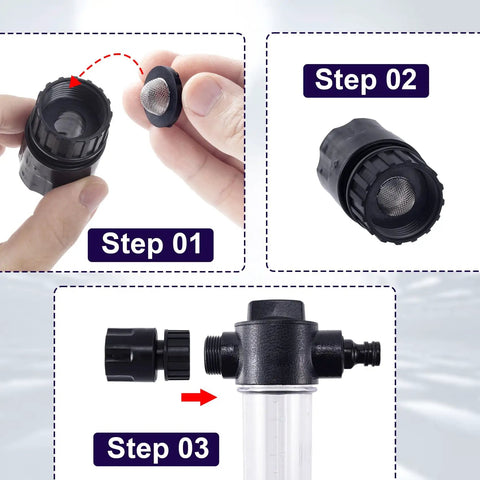 Step-by-step setup of Heavy Duty 8 Pack Hose Water Filter Washers with mesh screen inserts for easy installation.