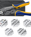 Six Piece Pro Grade Crimping Tool Set With Ratchet Action For Wire Terminals and dies, shown with storage case