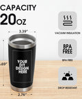 Custom 20oz Personalized Stainless Steel Coffee Tumbler With High Def Photo And Text Artwork, showing capacity and dimensions.