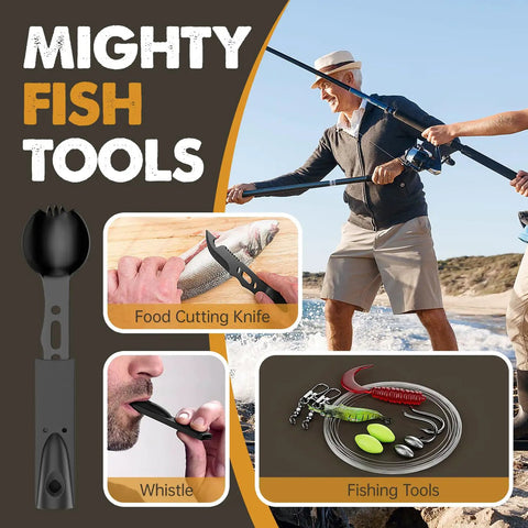 Mighty fish tools including food cutting knife, whistle, and fishing tools, part of Dope 25 Piece Survival Kit For Men Dads Camping Essentials Gear And Outdoor Survival Tools Gift For Him Valentines Christmas Stocking Stuffers And Gift Ideas.