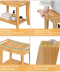 Bamboo Spa Shower Bench With Storage Shelf Non Slip Bath Stool showing shelf, handle, curved seat, and non-slip feet details