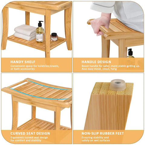 Bamboo Spa Shower Bench With Storage Shelf Non Slip Bath Stool showing shelf, handle, curved seat, and non-slip feet details