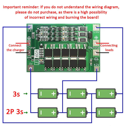 Built Tough 18650 Li Ion Battery Protection Circuit Board With Auto Balance 3s 60a Massive Discharge 10a Quick Charge showing wiring diagram and connections.