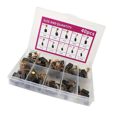 Industrial Electric Motor Brush Set Pro Grade 40 Pcs In 10 Sizes Copper Alloyed Carbon Brushes Kit in open case with labeled sizes