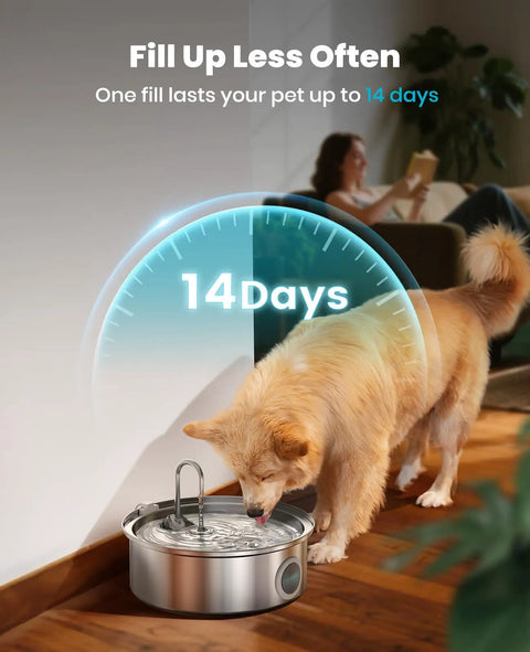 Dog drinking from 7L Stainless Steel Dog Water Fountain With Visual Water Level Ultra Quiet Pump Five Stage Filtration Ideal For Large And Medium Dogs