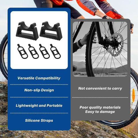 Rugged Bike Repair Stand With Handlebar Stabilizer features silicone straps and non-slip clips, pictured near mountain bike outdoors.