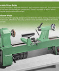 View of green mini wood lathe used with 2 Pack Replacement Belts For Harbor Freight Central Machinery Mini Wood Lathe 65345 Model.